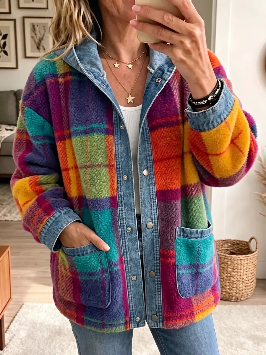 Vintage Elegant Denim Patchwork Plaid Hood Jacket