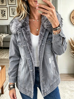 Women's Faux Fur Collar Fleece-Lined Denim Jacket