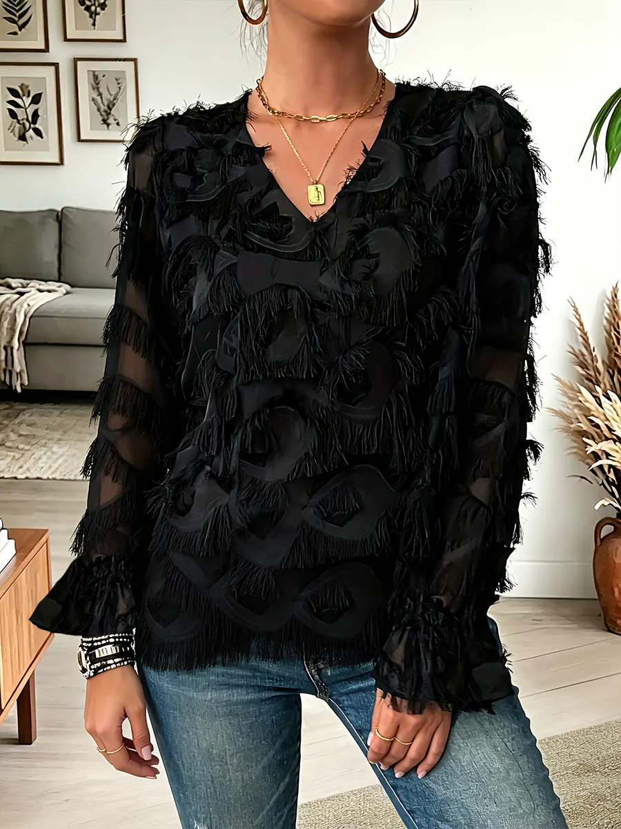 Vintage Elegant Raw Edge Textured Chiffon Shirt