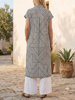 Geometric Pattern Art Print Casual Side Slits Stylish Cotton Linen Shirt