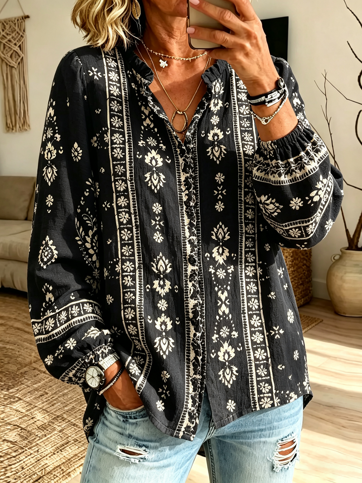 Women's Tribal Print Button-Down Blouse