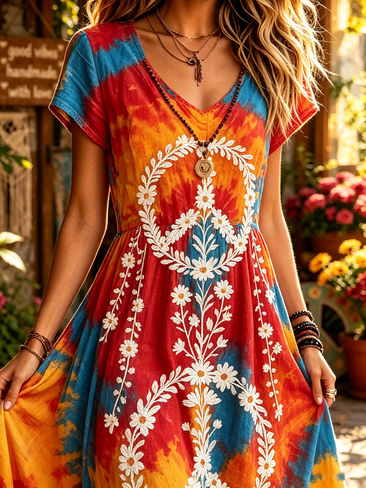 Women's Tie-Dye Daisy Peace Print Maxi Dress