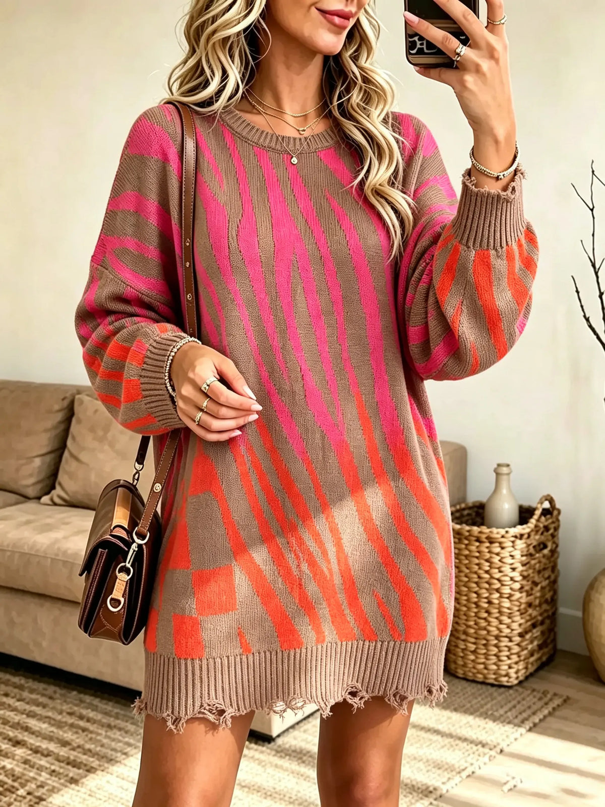 Women's Zebra Print Distressed Knit Sweater Dress