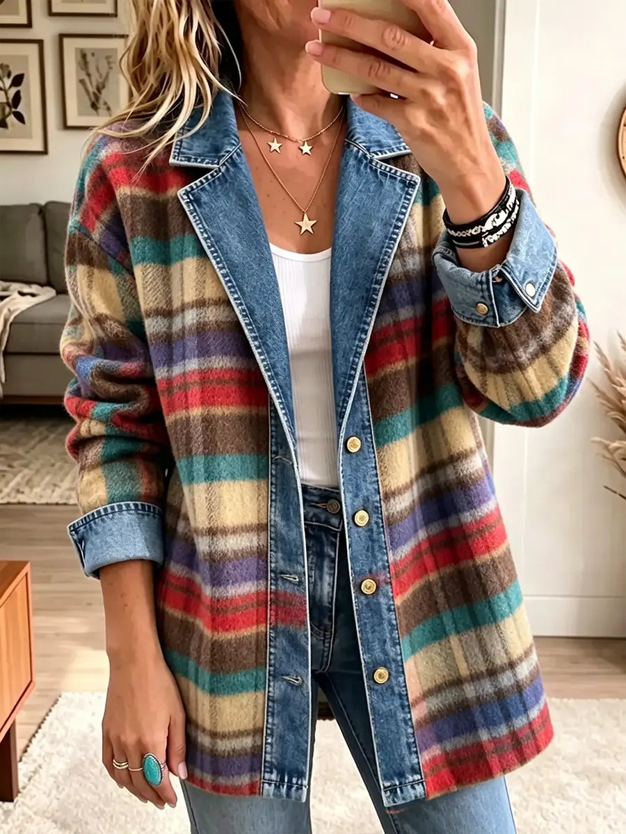 Women's Vintage Denim Patchwork Plaid Jacket