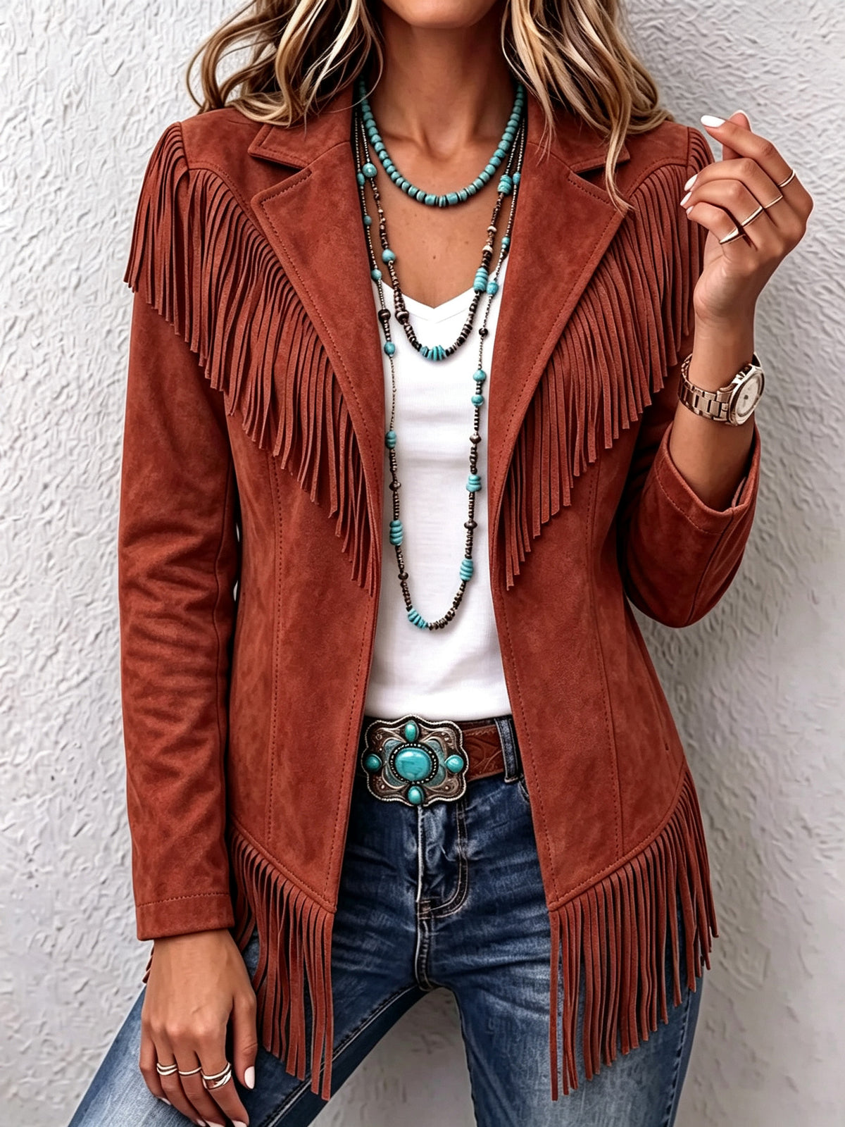 Women Western Faux Suede Fringe Lapel Long Sleeve Jacket