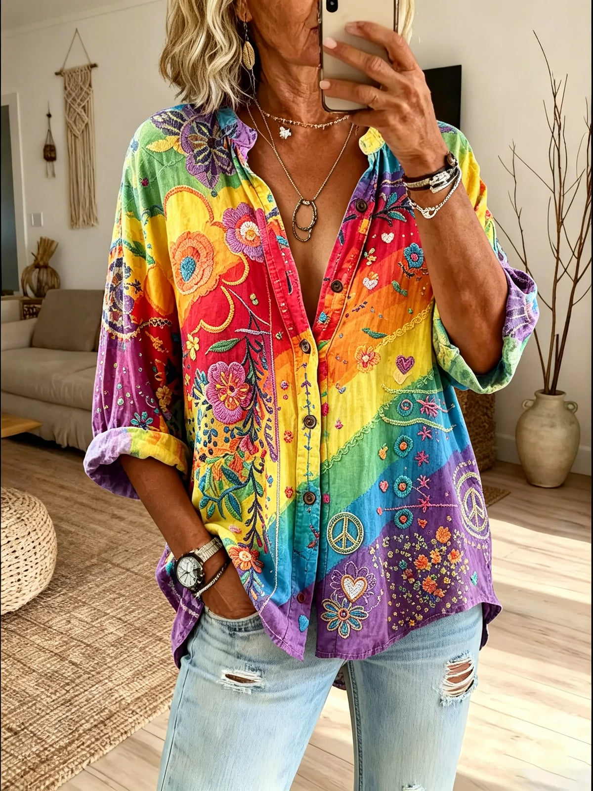 Women's Rainbow Gradient Floral Heart Peace Sign Print Collared 3/4 Sleeve Vacation Shirt