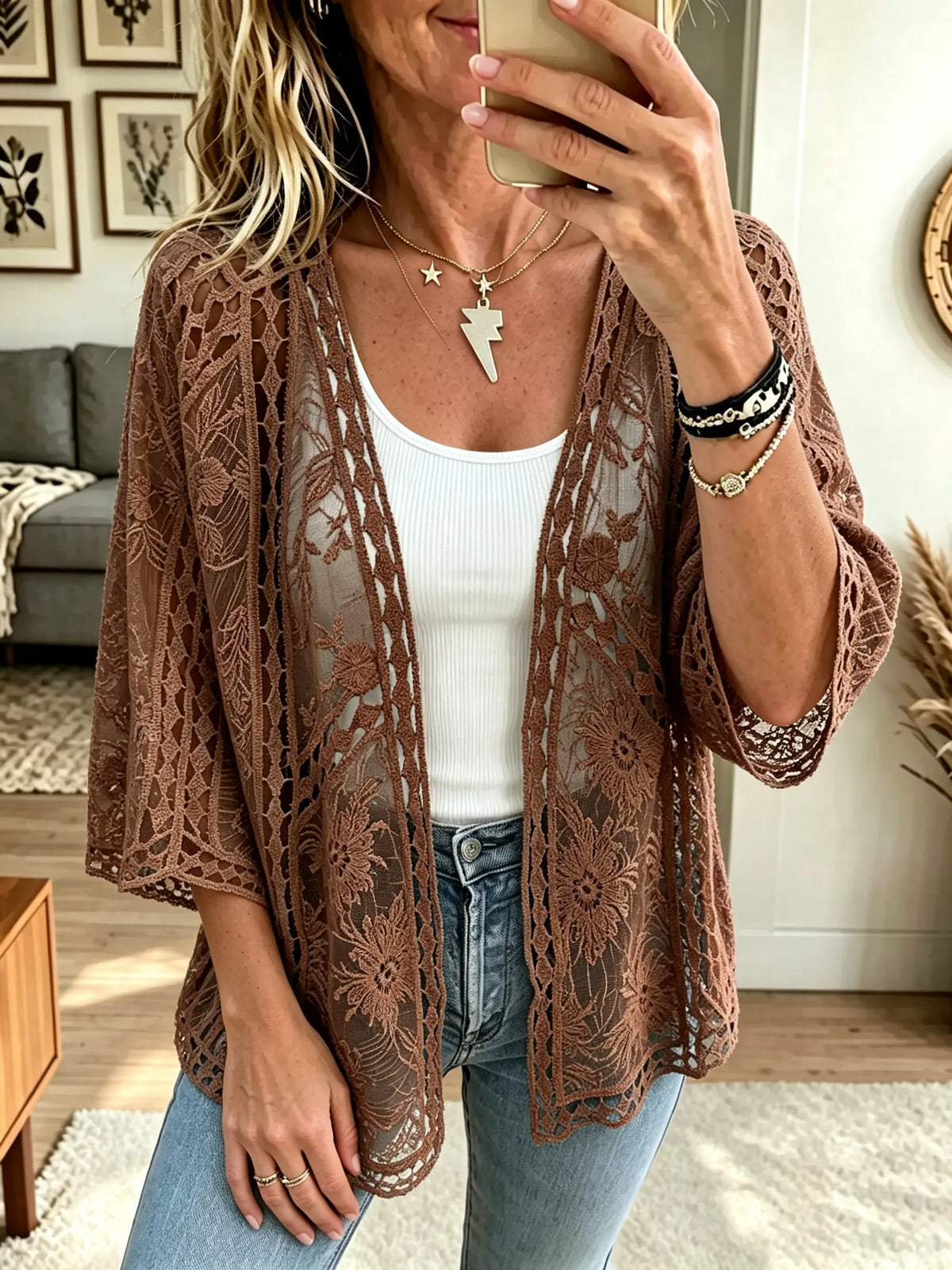 Women's Sheer Floral Lace Open-Front Kimono Cardigan