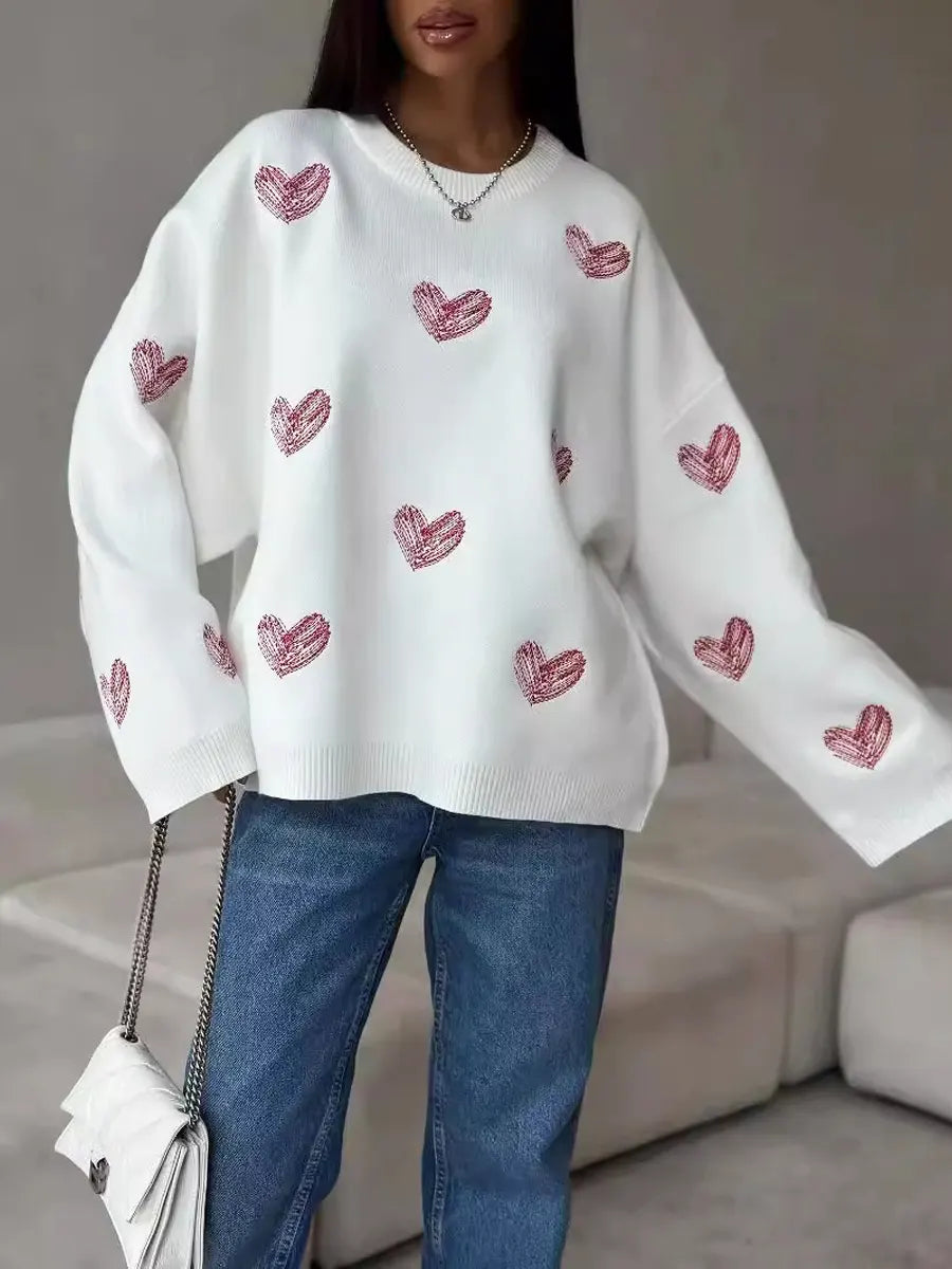 Retro Cozy Hearts Pattern Art Casual Stylish Long Sleeve Maxi Sweater