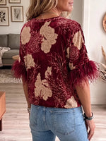 Vintage Elegant Patchwork Feather Velvet Flowers Shirt
