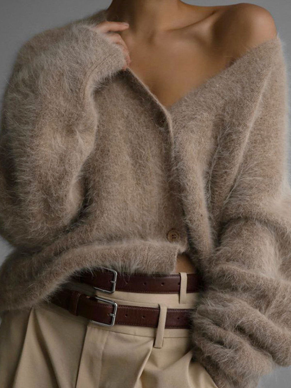 V‑Neck Fuzzy Shaggy Knit Button Front Long Sleeve Cardigan