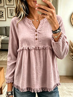 Women's Fringe Trim Henley Babydoll Blouse