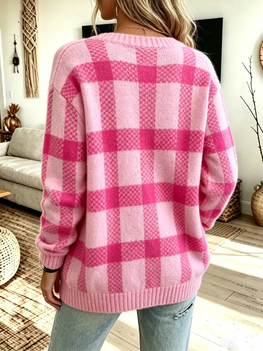 Vintage Chic Plaid Pattern Knit Art Casual Stylish Long Sleeve Cardigan Sweater