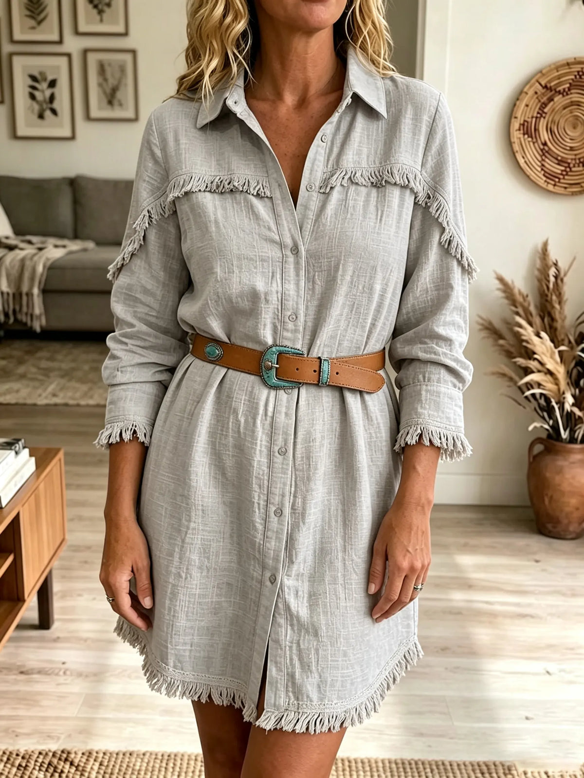 Women's Fringe Trim Linen-Blend Shirt Dress