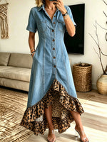 Women's Denim Leopard Ruffle Hem Split Shirt Maxi Dress With Pockets