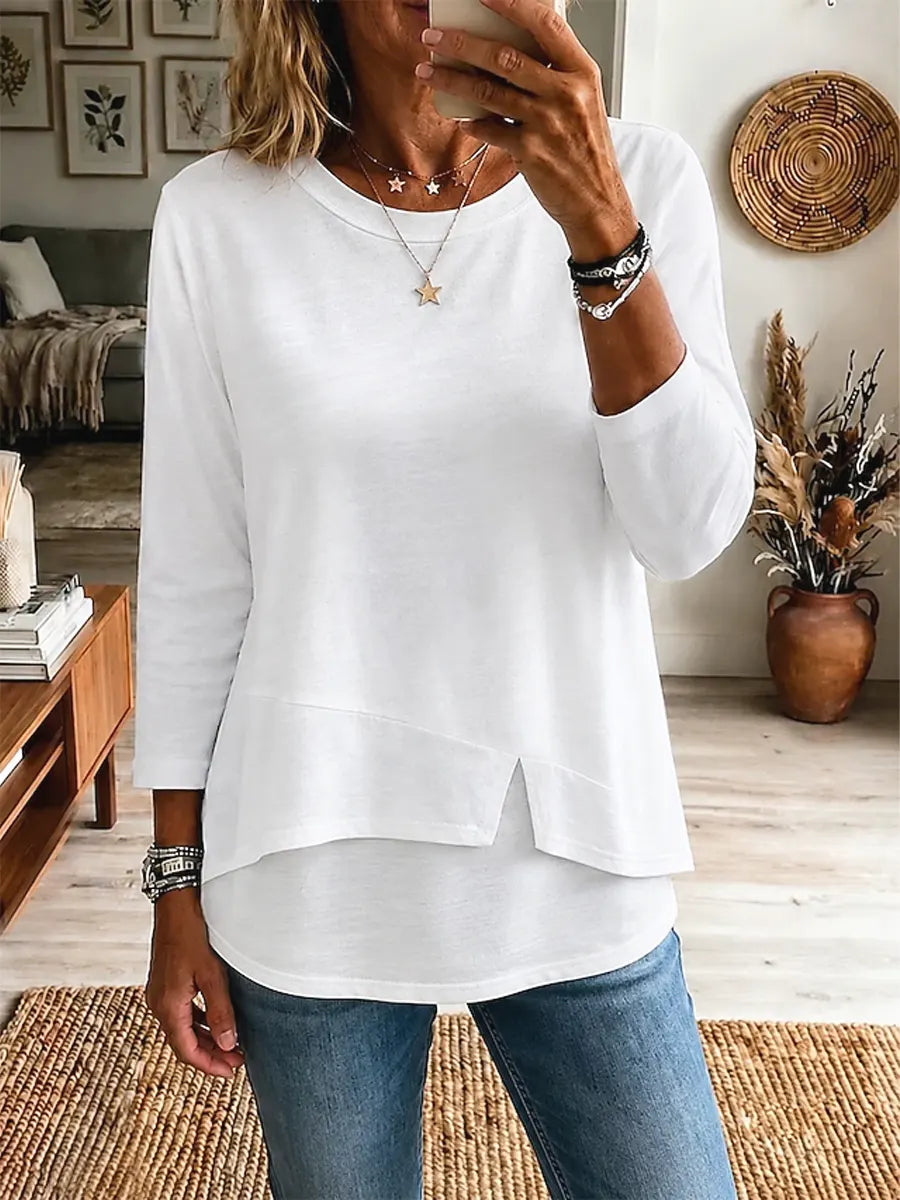Solid Color Asymmetrical Hem Art Casual Stylish 3/4 Sleeve Cotton Shirt