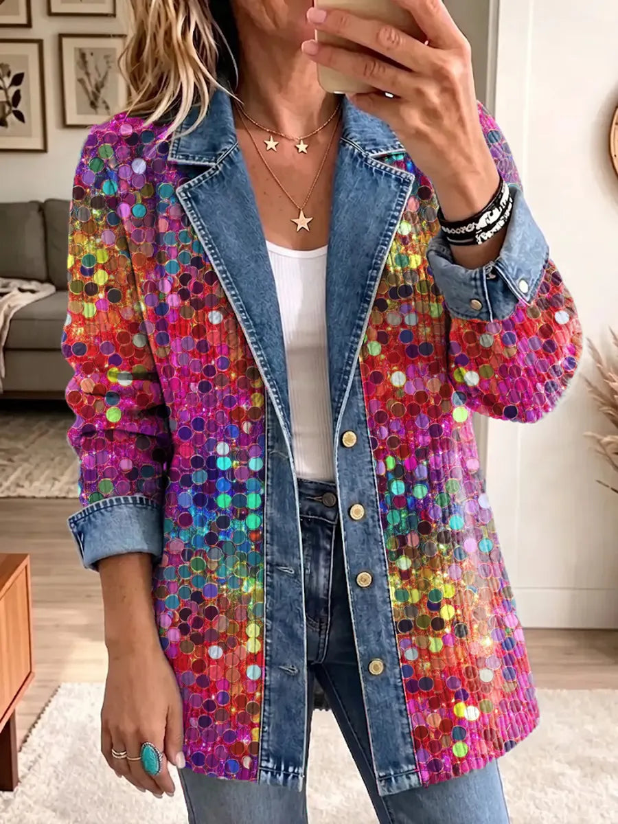 Retro Shiny Sequins Pattern Art Casual Denim Patchwork Stylish Long Sleeve Coat