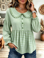 Women's Sage Green Gingham Check Ruffle Collar Peplum Long Sleeve Blouse