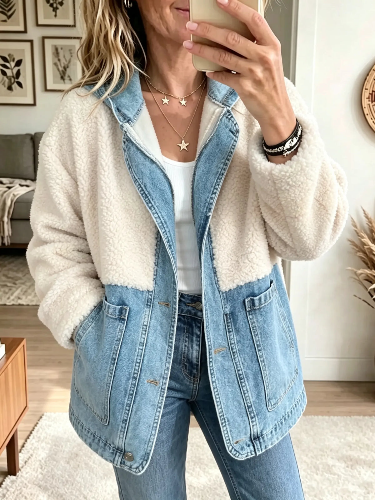 Women's Denim Patchwork Sherpa Fleece Jacket