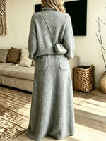 Women's Retro V-neck Zipper Knit Top And Knit Skirt Two-piece Set