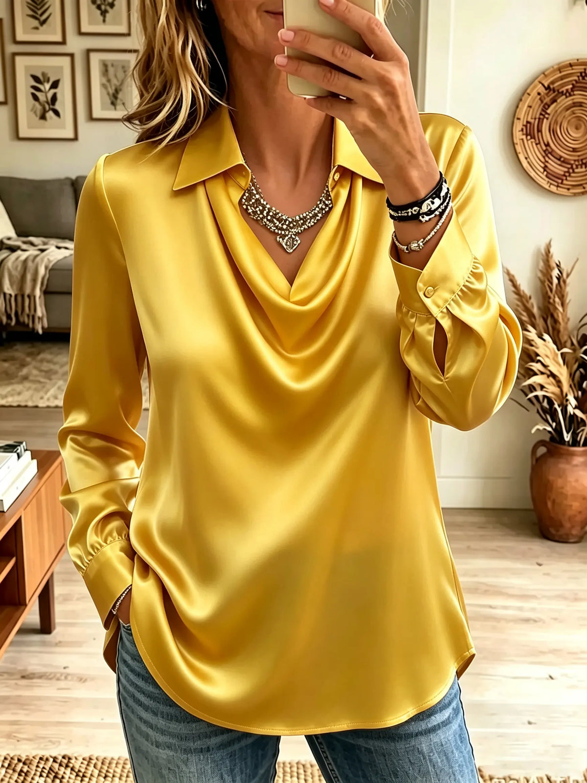 Women's Cowl Neck Collared Satin Blouse