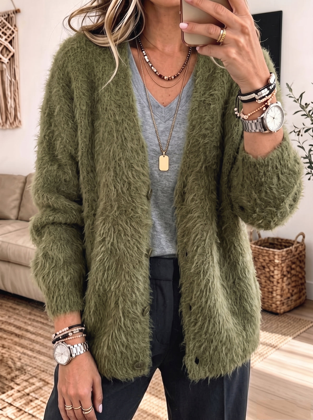 V‑Neck Fuzzy Shaggy Knit Button Front Long Sleeve Cardigan