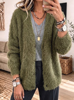 V‑Neck Fuzzy Shaggy Knit Button Front Long Sleeve Cardigan