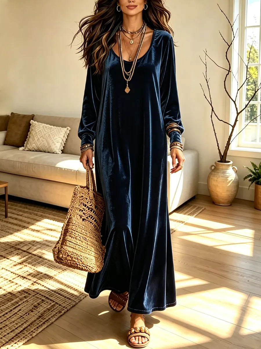 Retro Velvet Art Casual Stylish Round Collar Long Sleeve Long Dress