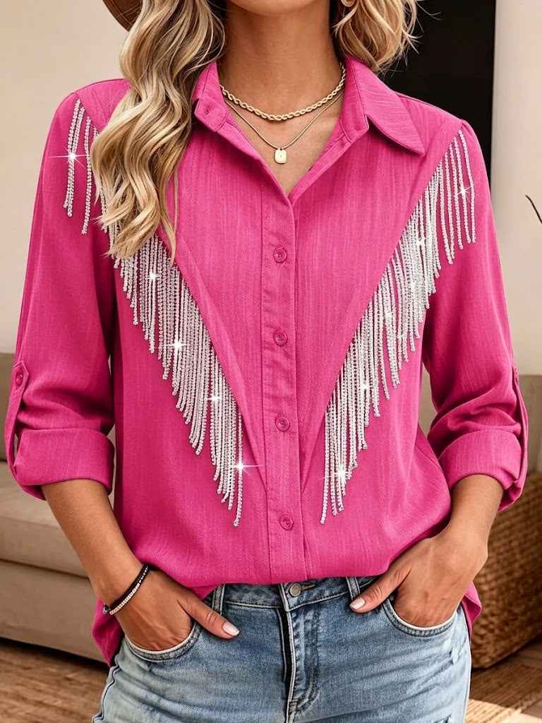 Women Collar Roll‑tab Long Sleeve Western Rhinestone Fringe Button‑down Shirt Blouse