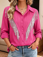Women Collar Roll‑tab Long Sleeve Western Rhinestone Fringe Button‑down Shirt Blouse