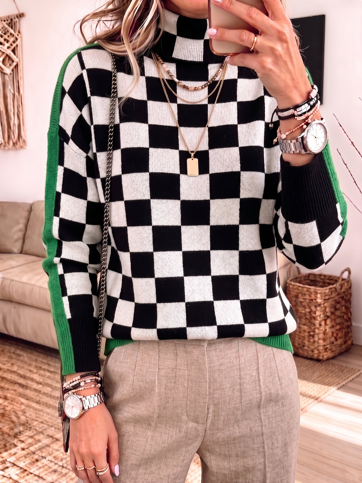 Turtleneck Checkerboard Color Block Long Sleeve Knit Sweater