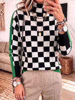 Turtleneck Checkerboard Color Block Long Sleeve Knit Sweater