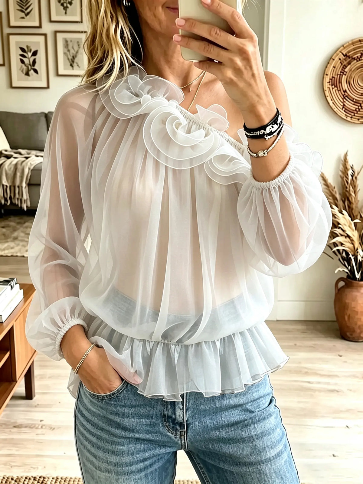 Women's One-Shoulder Layered Ruffle Chiffon Blouse