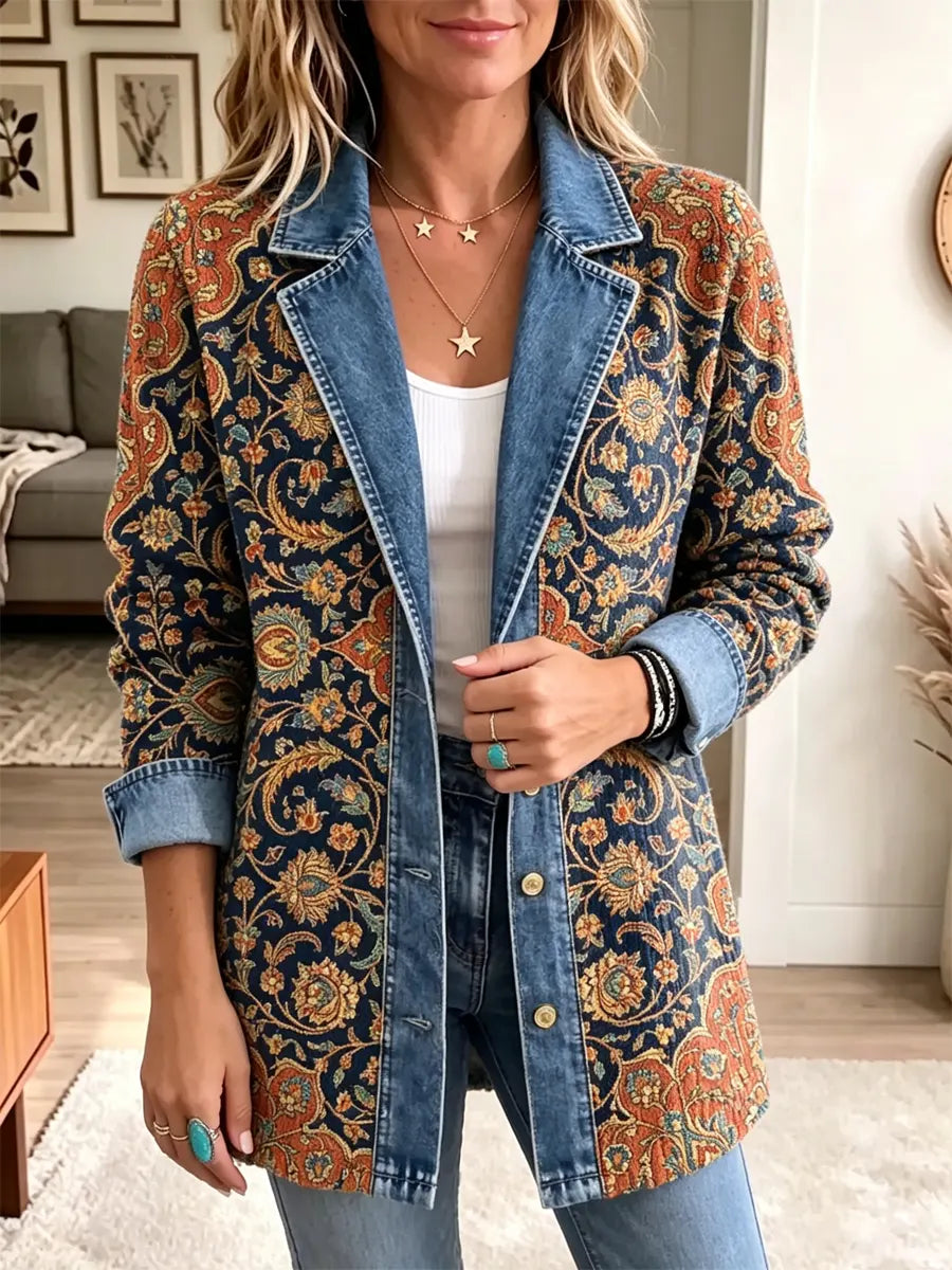 Retro Ethnic Floral Pattern Art Casual Denim Patchwork Stylish Long Sleeve Coat