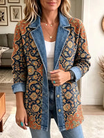 Retro Ethnic Floral Pattern Art Casual Denim Patchwork Stylish Long Sleeve Coat
