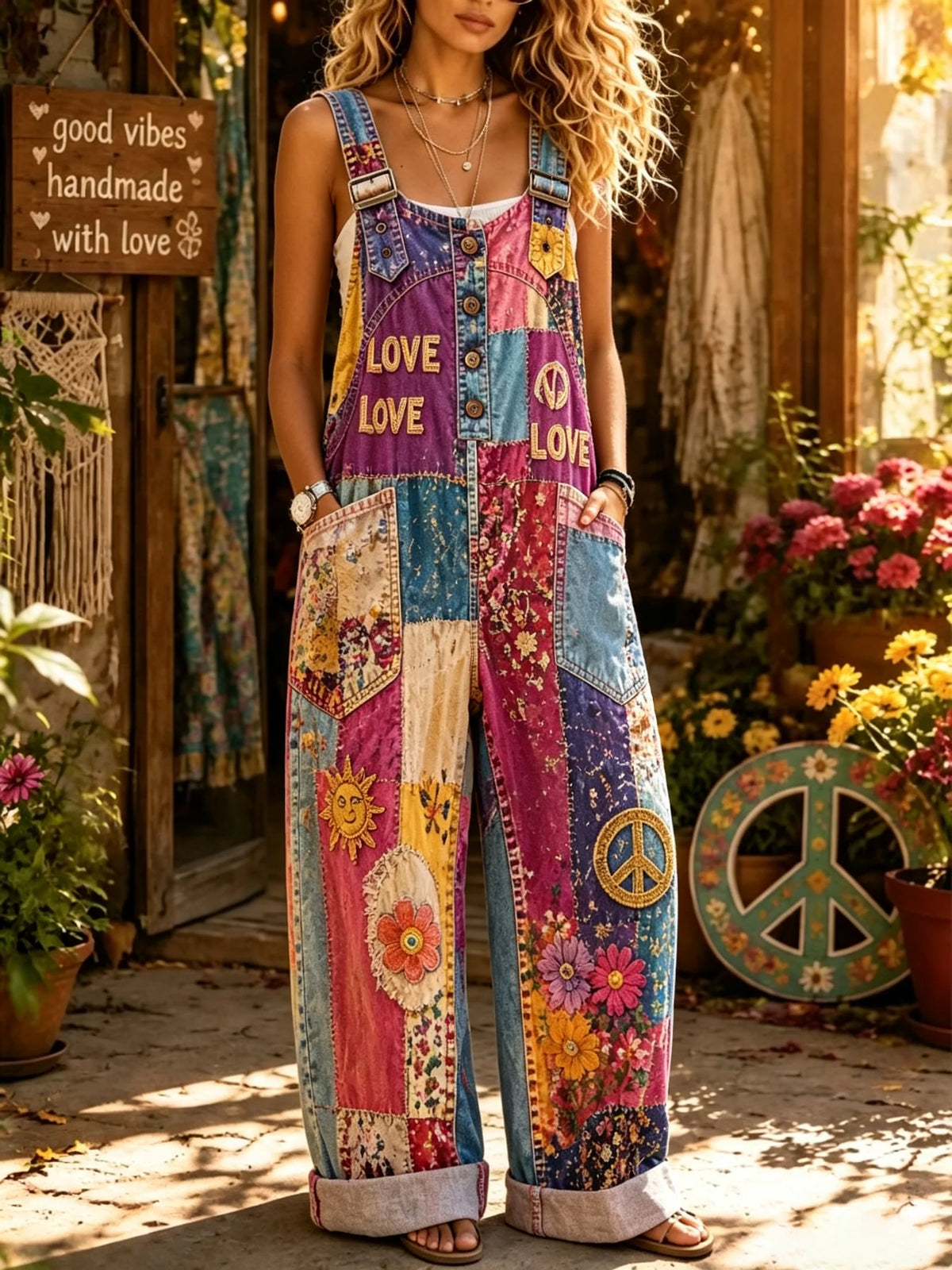 Women's Rainbow Patchwork Heart Sun Floral Peace Print Loose Denim Overalls