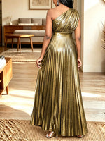 Women Metallic Gold One‑shoulder Pleated Maxi Evening Dress