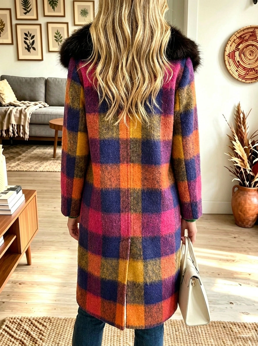 Colorful Plaid Faux Fur Collar Wool Blend Coat, Women Single Breasted Midi Outerwear