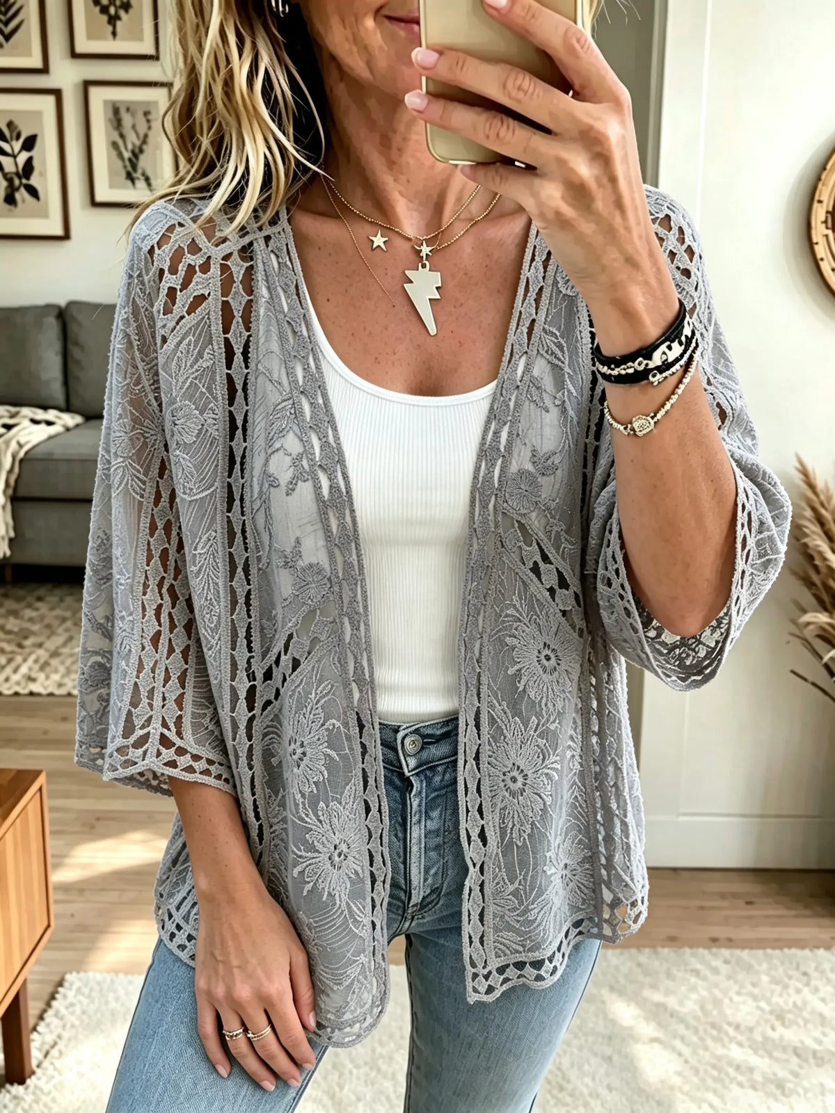 Women's Sheer Floral Lace Open-Front Kimono Cardigan