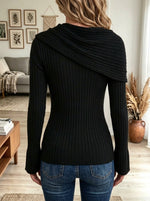Women's Draped Cowl Neck Gold Button Ribbed Sweater