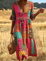 Women's Eyelet Cutout Patchwork Midi Dress