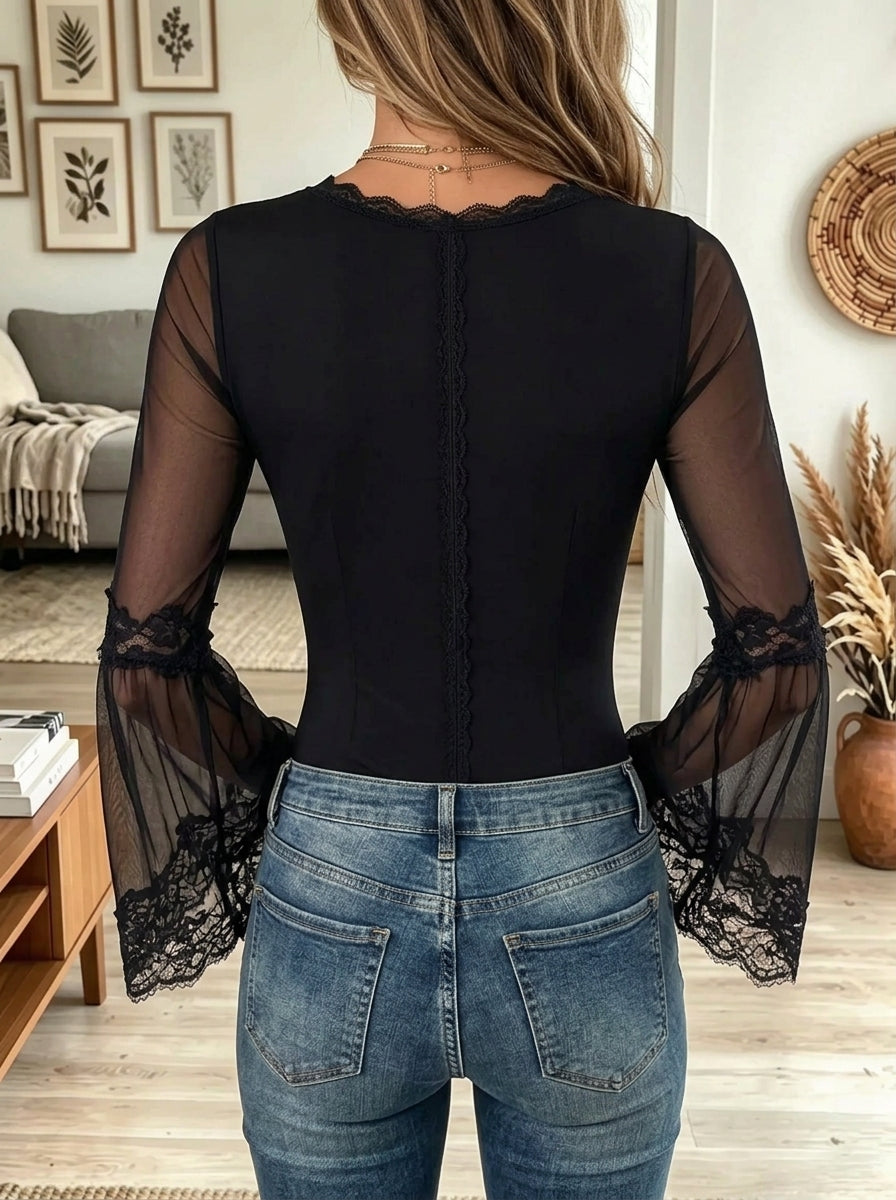 Women's Sheer Lace Bell Sleeve Full-Zip Top