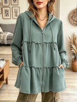 Vintage Elegant Hooded Zip-up Ruffled Sweatshirt Jacket