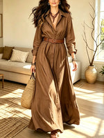 Retro Solid Color Art Casual Stylish Lapel Long Sleeve Maxi Dress