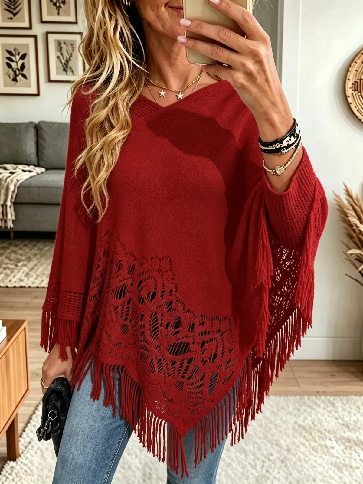 Women's Crochet Lace Cutout Fringe Knit Poncho