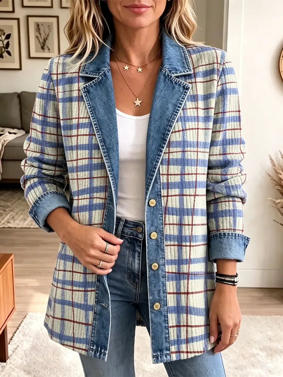 Retro Plaid Pattern Art Casual Denim Patchwork Stylish Long Sleeve Coat