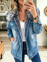 Women's Faux Fur Collar Fleece-Lined Denim Jacket