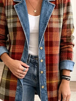 Retro Plaid Pattern Art Casual Denim Patchwork Stylish Long Sleeve Coat