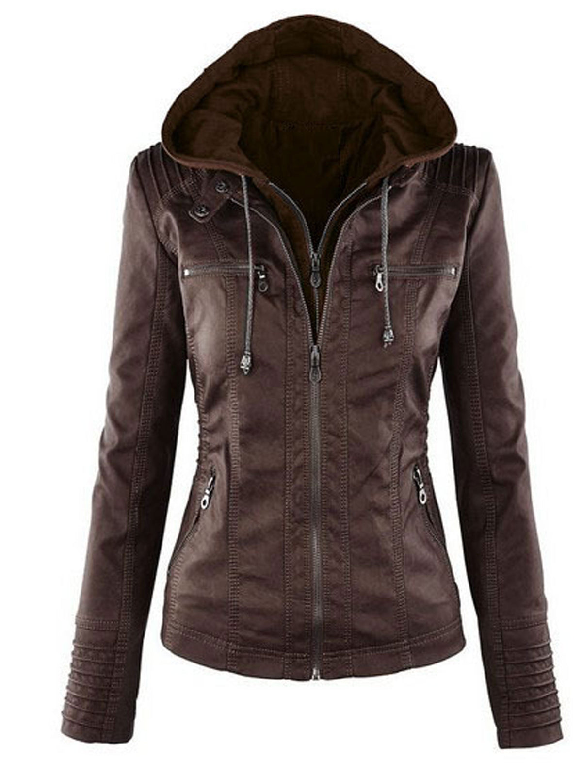 Women Detachable Hood Faux Leather Biker Jacket, Zip‑Up Slim Moto Coat With Multi Zipper Pockets