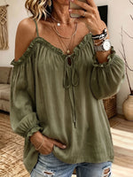 Women Tie Front Cold‑Shoulder Blouse Ruffle Long Puff Sleeve Casual Top