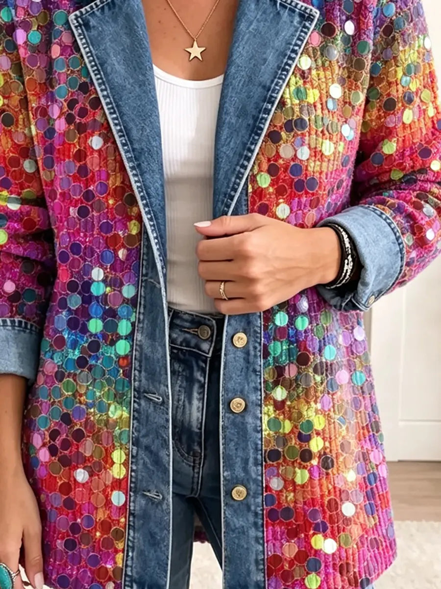 Retro Shiny Sequins Pattern Art Casual Denim Patchwork Stylish Long Sleeve Coat